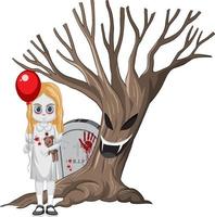 niña fantasma sosteniendo globo rojo y árbol aterrador vector