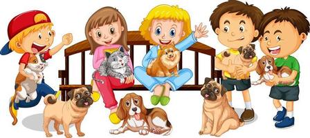 Kids with their dogs and cats on white background vector