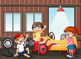 Garage scene with children fixing a car together vector