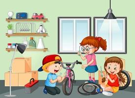 Children fixing a bicycle together in the room scene vector