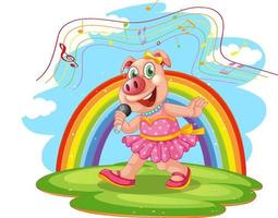 Pig singing cartoon character with rainbow background vector