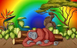 Personaje de dibujos animados de orangután en el bosque sobre fondo de arco iris degradado vector