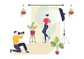 estudio de fotografía de fondo de diseño plano. Fotógrafo disparando modelo con luces, equipo de película digital y cámara en la ilustración de vector de estilo de dibujos animados