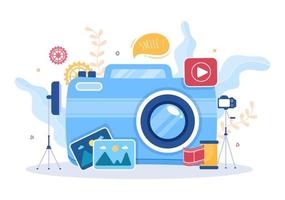 Photographer Flat Design Background with Camera, Digital Film Equipment Technology and Picture Person in Cartoon Style Vector Illustration