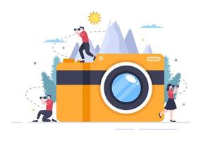 Photographer Flat Design Background with Camera, Digital Film Equipment Technology and Picture Person in Cartoon Style Vector Illustration