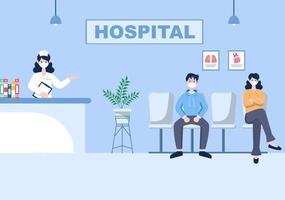 Hospital Building for Healthcare Background Vector Illustration with, Ambulance Car, Doctor, Patient, Nurses and Medical Clinic Exterior