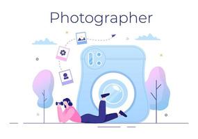 Photographer Flat Design Background with Camera, Digital Film Equipment Technology and Picture Person in Cartoon Style Vector Illustration