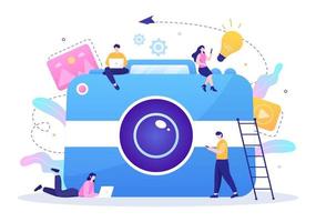 Photographer Flat Design Background with Camera, Digital Film Equipment Technology and Picture Person in Cartoon Style Vector Illustration