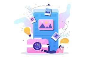 Photographer Flat Design Background with Camera, Digital Film Equipment Technology and Picture Person in Cartoon Style Vector Illustration