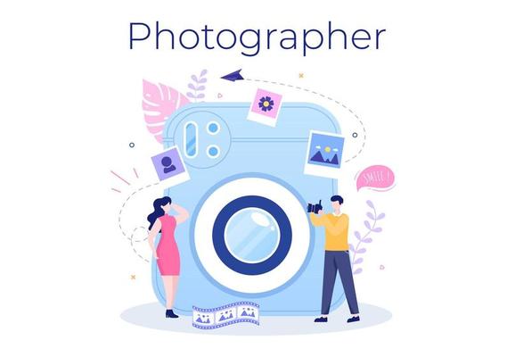 Photographer Flat Design Background with Camera, Digital Film Equipment Technology and Picture Person in Cartoon Style Vector Illustration