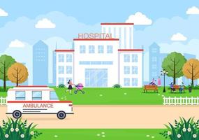 edificio del hospital para la ilustración de vector de fondo de atención médica con ambulancia, médico, paciente, enfermeras y exterior de la clínica médica