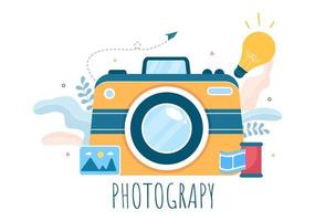 Photographer Flat Design Background with Camera, Digital Film Equipment Technology and Picture Person in Cartoon Style Vector Illustration