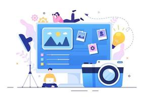 Photographer Flat Design Background with Camera, Digital Film Equipment Technology and Picture Person in Cartoon Style Vector Illustration