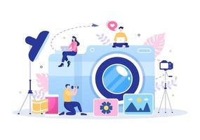 Photographer Flat Design Background with Camera, Digital Film Equipment Technology and Picture Person in Cartoon Style Vector Illustration