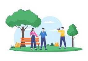 Photographer Flat Design with Professional Camera Photographing Couple in Park. Cartoon Style Vector Illustration