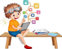 niño joven con tableta con iconos de educación vector