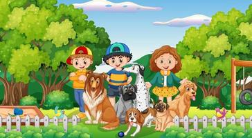 Escena del parque con niños jugando con sus perros. vector