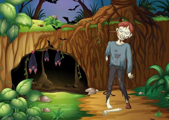 Dark forest scene with creepy zombie cartoon character