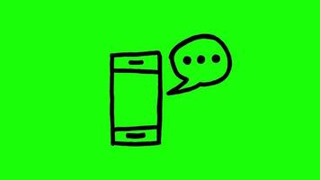 comunicación dibujada a mano en el icono del teléfono inteligente a través del mensaje en la burbuja de chat video