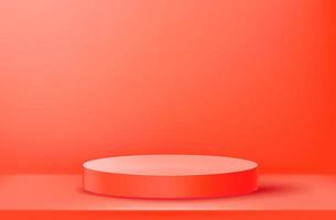 Red empty illuminated room with circle platform. Realistic 3d immitation vector illustration
