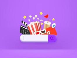 Searching for media entertainment in internet with search tab. 3d style vector illustration