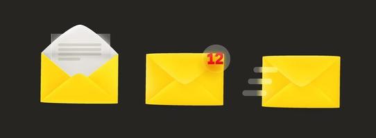 Yellow envelopes icons set. Vector illustration with glassmorphism effect