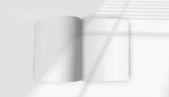 White opened book mockup with sun flare effect. Light of the window with blinds vector