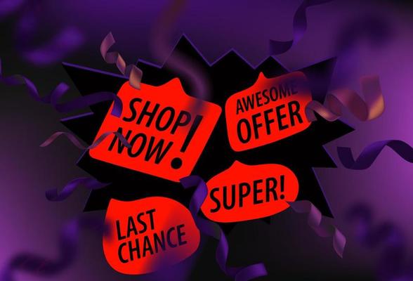 Super sale concept. Explotion effect with dirrerent shopping labels