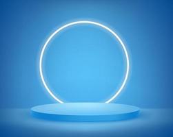 Blue Interior with circle neon light and showcase. Realistic 3d style vector illustration