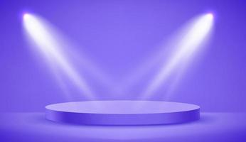 Empty violet illuminated room with circle platform and soffits. Realistic 3d style vector illustration