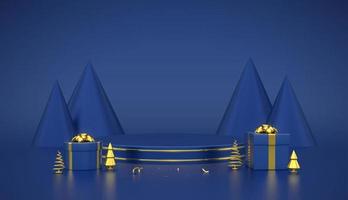 Blue round podium. Scene and 3D platform with gold circle on blue background. Blank Pedestal with gift boxes with golden bow and golden metallic pine, cone shape spruce trees. Vector illustration.