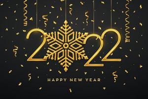 Happy New 2022 Year. Hanging Golden metallic numbers 2022 with shining snowflake and confetti on black background. New Year greeting card or banner template. Holiday decoration. Vector illustration.