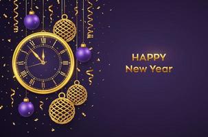 Happy New Year 2022. Golden shiny watch with Roman numeral and countdown midnight, eve for New Year. Background with shining gold and purple balls. Merry Christmas. Xmas holiday. Vector illustration.