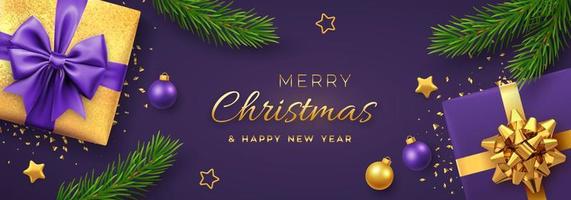Christmas banner. Realistic gift boxes with purple and golden bows, stars, balls, pine branches. Xmas background, horizontal christmas poster, greeting cards, headers website. Vector illustration.