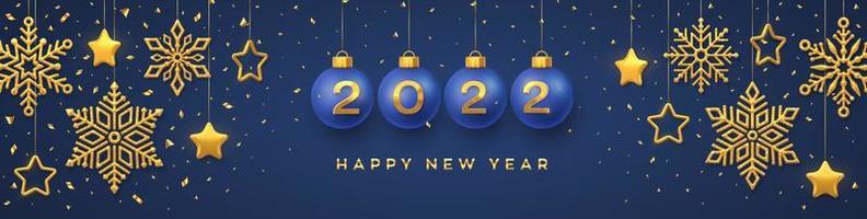 Happy New Year 2022. Hanging Blue Christmas bauble balls with realistic golden 3d numbers 2022. Golden snowflakes and 3D metallic stars on blue background. Holiday banner, header. Vector Illustration.