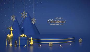 Escena navideña y plataforma redonda 3d con círculo dorado sobre fondo azul. pedestal en blanco con ciervos, copos de nieve, bolas, cajas de regalo, pino de forma de cono metálico dorado, abetos. ilustración vectorial. vector