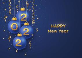 Happy New Year 2022. Hanging Blue Christmas bauble balls with realistic golden 3d numbers 2022 and glitter confetti. Greeting card. Holiday Xmas and New Year poster, banner, flyer. Vector Illustration