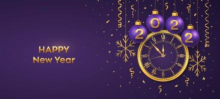 Happy New Year 2022. Hanging Purple Christmas bauble balls with realistic gold numbers 2022 and snowflakes. Watch with Roman numeral and countdown midnight, eve for New Year. Merry Christmas. Vector. vector