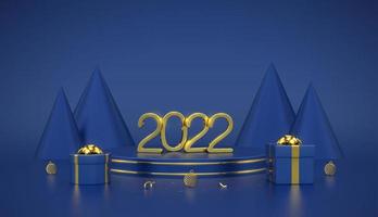 Happy New 2022 Year. 3D Golden metallic numbers 2022 with gift boxes and balls on stage podium. Scene, 3D round platform with gold circle and cone shape pine or spruce trees on blue background. Vector