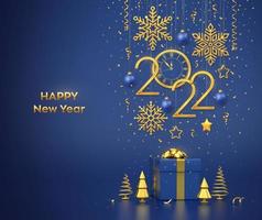 Happy New 2022 Year. Gold metallic numbers 2022 and watch with Roman numeral and countdown midnight, eve for New Year. Gift box and golden metallic pine or fir, cone shape spruce trees. Vector. vector