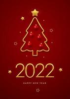 Happy New 2022 Year. Golden metallic luxury numbers 2022 with golden metallic Christmas tree, golden balls and stars. Greeting card, festive poster or holiday banner design. Vector illustration.