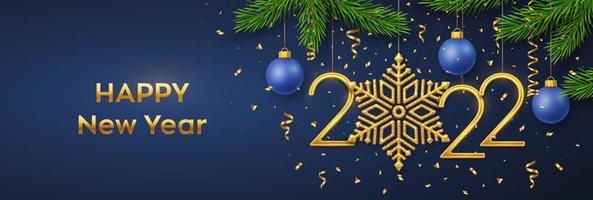 Happy New 2022 Year. Hanging Golden metallic numbers 2022 with snowflake, balls, pine branches and confetti on blue background. New Year greeting card or banner template. Holiday decoration. Vector. vector
