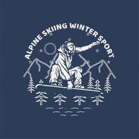 Diseño de logotipo Esquí alpino Deporte de invierno con hombre Esquí y arte lineal Paisaje de montaña Ilustración vintage vector