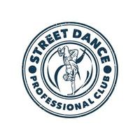 Diseño de logotipo club profesional de baile callejero con hombre haciendo ilustración vintage de baile estilo libre vector