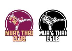 diseño de logotipo club de muay thai con hombre artista marcial muay thai pateando ilustración vintage