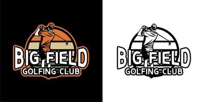 logo design big field golfing club with golfer man swinging golf stick vintage illustration and black and white illustration vector