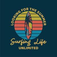 logo design looking for the summer surfing life unlimited with surf board flat illustration vector