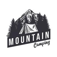 diseño de camiseta camping de montaña con tienda de campaña y paisaje de montaña ilustración vintage vector