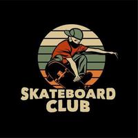 Diseño de logotipo con hombre jugando patineta ilustración vintage vector