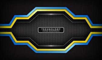 3D black technology abstract background, overlap layers on dark space with blue yellow stripes effect decoration. Modern template element future style for flyer, card, cover, brochure, or landing page vector